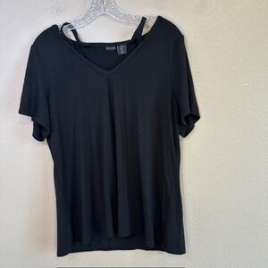 Tahari Women's Black V-Neck Strapped Short Sleeve‎ Black Top LG